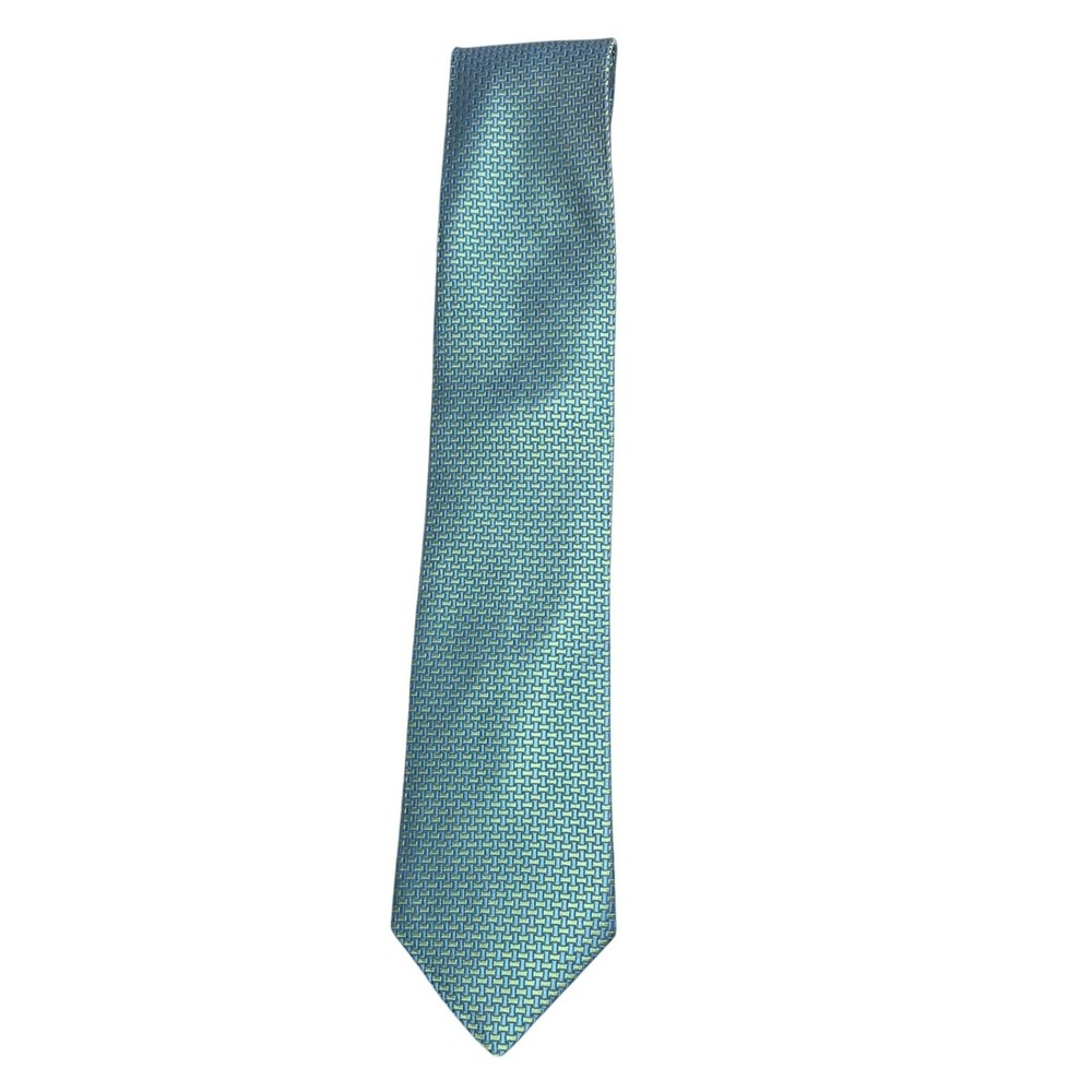 Ted Baker London Mens Silk Jacquard Tie Blue Green Geometric Basketweave Pattern - Picture 2 of 5